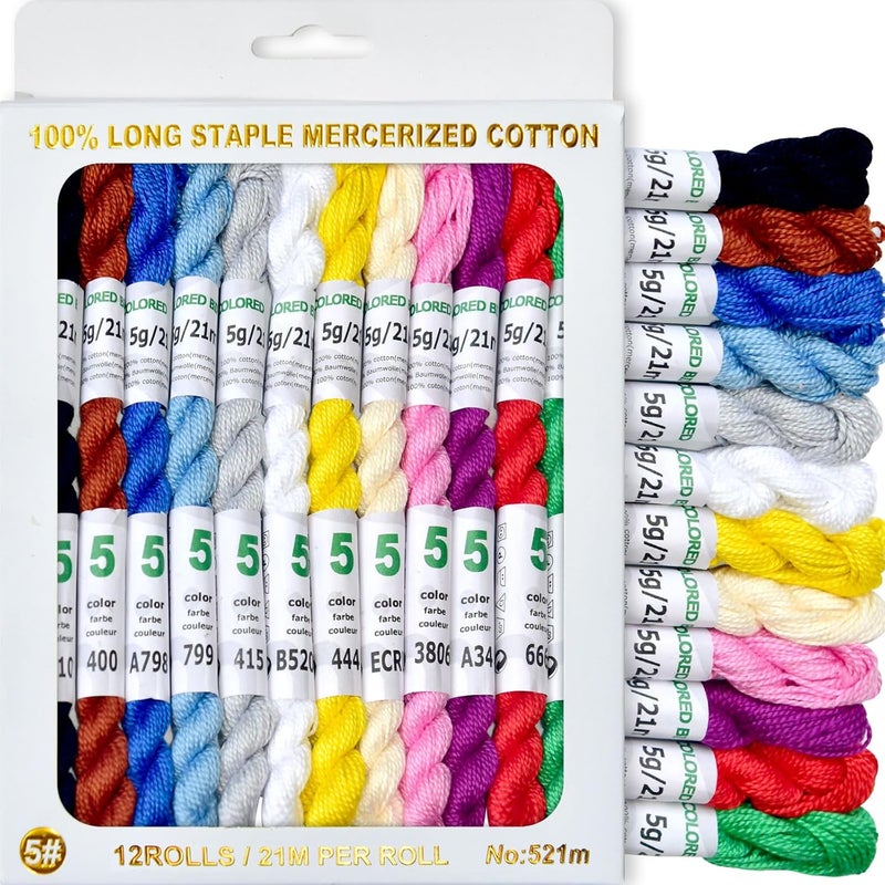 colored bird Mercerized Pearl Cotton Crochet Needlepoint Thread,Size 5, 12 skeins,12 Mixed Colors,21 M/Skein - Image 1
